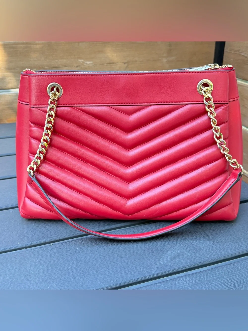 Michael Kors Whitney Medium Quilted Tote Red Gold Chain Shoulder Bag